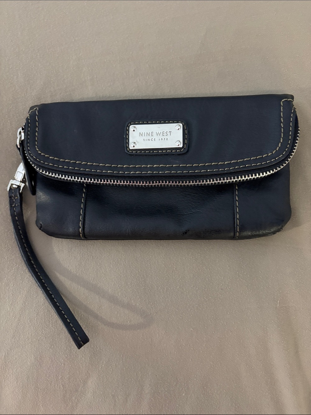 Nine West Navy Leather Wristlet Clutch with Silver Plaque